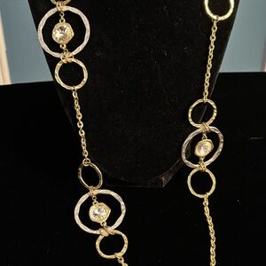 Vintage Long Gold Tone Link Necklace Hammered And Shiny Links 16”